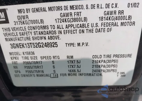 2002 Chevrolet Avalanche из США, поврежденный, VIN 3GNEK13T52G248925